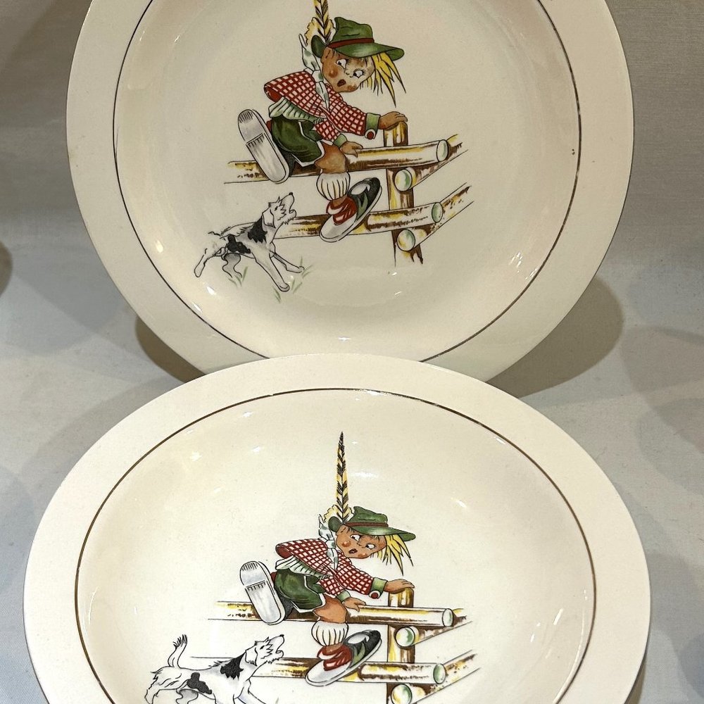 Figgjo Flint Vintage Plate and Rim Bowl Boy & Dog VTG 8" Made In Norway